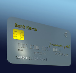 Bank card, credit card 3d illustration. Composite material texture on gradient blue color background. Collection