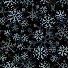 Snowflake simple seamless pattern. Abstract wallpaper, wrapping decoration. Symbol of winter, Merry Christmas holiday, Happy New Year celebration.Seamless pattern of snowflakes on a black background