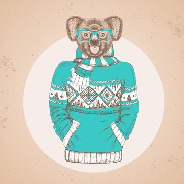 Retro Hipster fashion animal koala dressed up in pullover. Hipster animals