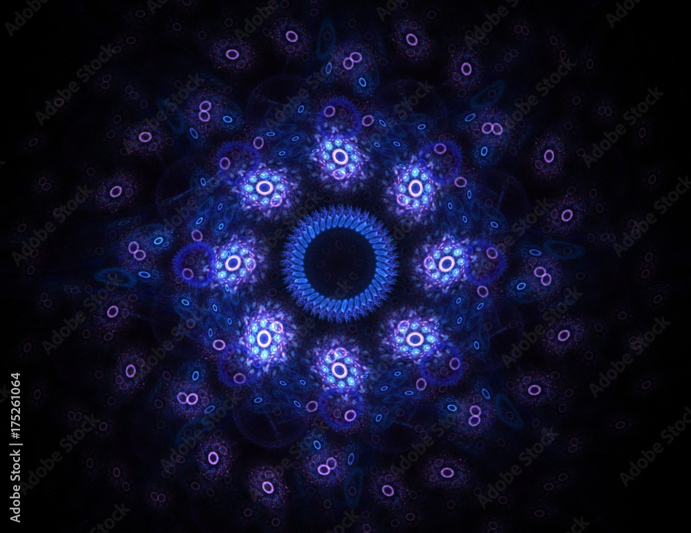Poster particles of abstract fractal forms on the subject of nuclear physics science and graphic design. ge