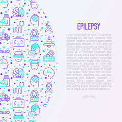 Fototapeta na wymiar Epilepsy concept with thin line icons of symptoms and treatments: convulsion, disorder, dizziness, brain scan. World epilepsy day. Vector illustration for banner, web page, print media.