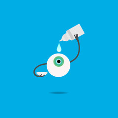 A cartoon human eye drips drops before putting on a contact lens