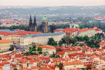 Panoramic view on Prague castle, St. Vitus Cathedral and old town from above, Czech Republic