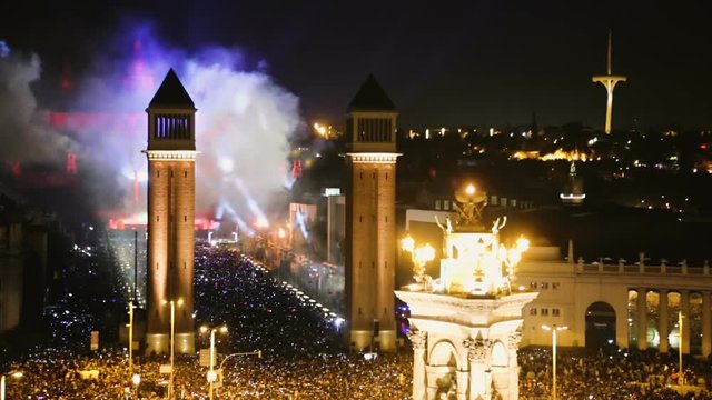 General view on Placa Espana in Barcelona during New Year celebrations
