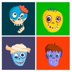 Colorful zombie scary cartoon character cards magic people body part cartoon fun monster vector illustration