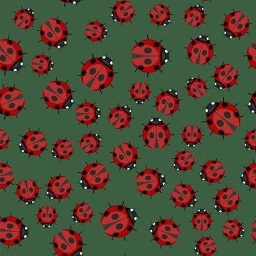 Ladybug Seamless Pattern on Green Background