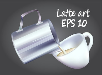 Vector illustration of making latte coffee art. Barista tools. Coffe cup and pitcher isolated.