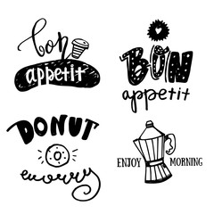 Set of morning quotes. Hand lettering isolated on white background. Inspiring motivation with coffee doodles