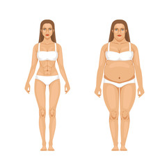 Woman weight loss with sport and diet. Vector illustrations in cartoon style