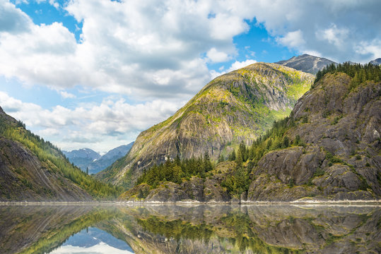 Mountains landscape in Juneau, Alaska with fog