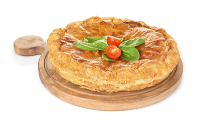 Tasty pie with spinach on white background
