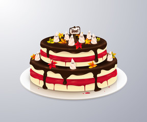 Vector scary cake with bloody cream, maple leaves, ghost decoration and chocolate glaze. A delicious dessert on the plate for design Halloween Party flyers and menu cafe. Isolated from the background.