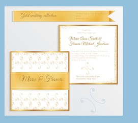 Luxury wedding invitation template with gold shiny realistic ribbon