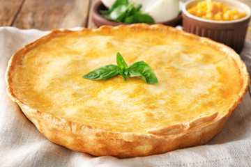 Delicious meat pie on napkin, closeup