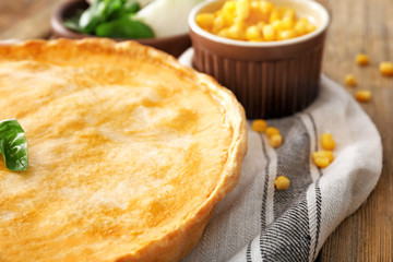 Delicious meat pie on napkin, closeup
