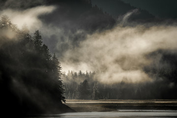 Mountains landscape in Juneau, Alaska with fog