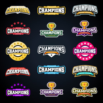 Sport champion or champions league emblem typography set. Super logo for your t-shirt. Mega logotype collection.