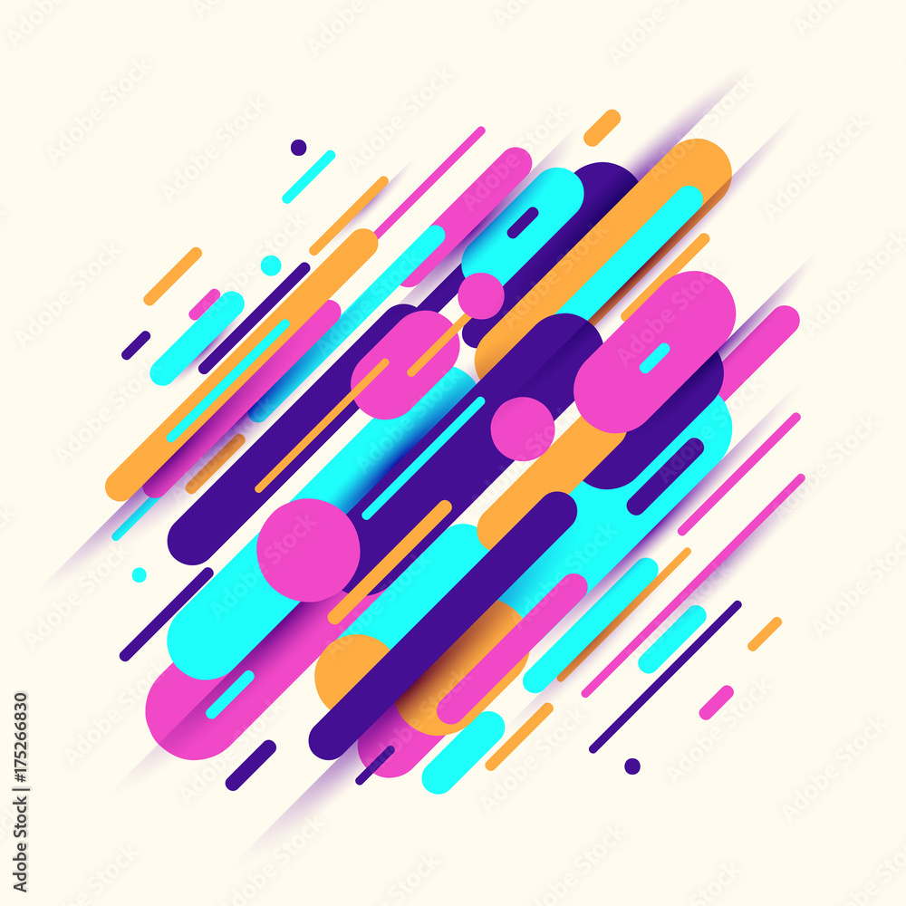 Poster vector illustration of dynamic composition made of various colored rounded shapes
