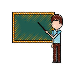 teacher with pointer showing on board on lesson at blackboard in classroom