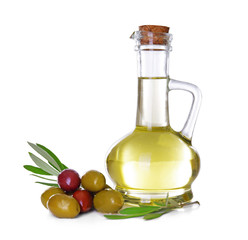 Jug with olive oil on white background