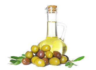 Jug with olive oil on white background