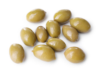 Tasty canned olives on white background