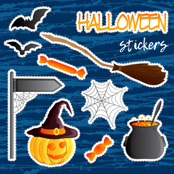 Vector set of festive stickers. Halloween theme. Traditional holiday symbol Jack o lantern, witch hat, broom, cauldron, bat, web. Abstract blots background.