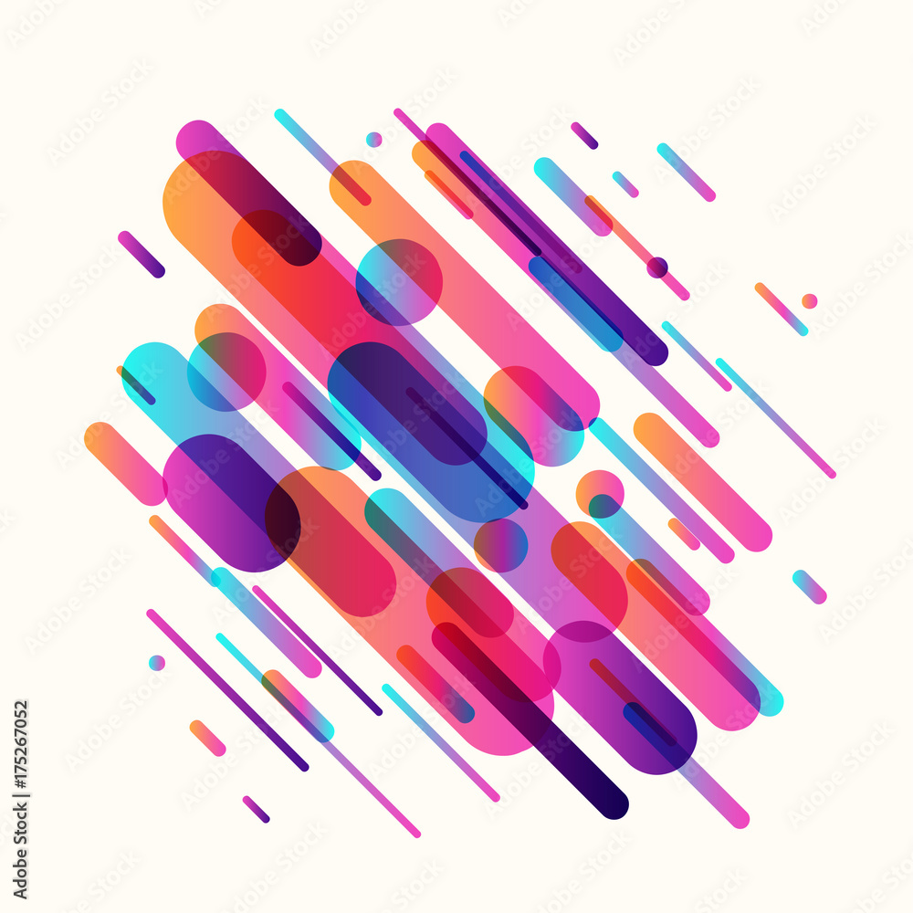Poster vector illustration of dynamic composition made of various rounded shapes
