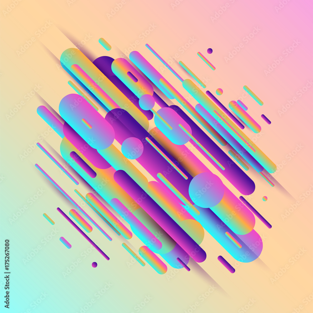 Poster vector illustration of dynamic composition made of various rounded shapes