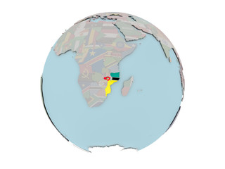 Mozambique with flag on globe