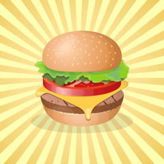 Hamburger - cute cartoon colored picture. Graphic design elements for menu, packaging, advertising, poster, brochure. Vector illustration of fast food for bistro, snackbar, cafe or restaurant.