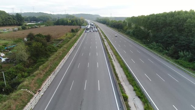 Aerial View of Blocked Highway near Barcelona Catalonia Strike Shut Down Protestors on October 3rd 2017 - Editorial journalistic Caption