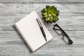 Notebook, plant and glass.