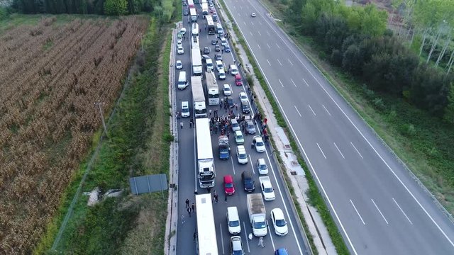 Aerial View of Blocked Highway near Barcelona Catalonia Strike Shut Down Protestors on October 3rd 2017 - Editorial journalistic Caption