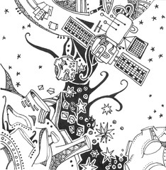 Space illustration. Spaceship flies to alien planet in starry sky. Hand drawn black and white picture.