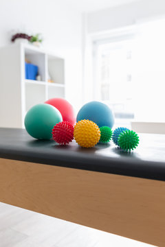 Group of spiky balls used in pilates for: exercises, therapy, massage and relaxation. Pilates studio