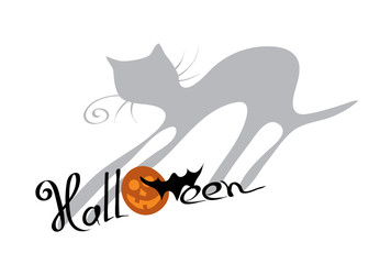 imagination for  halloween/ vector cheerful orange pumpkins and silhouette of a bat with the letters cast a shadow in the shape of a cat