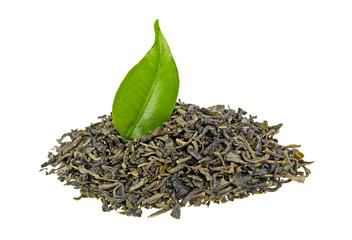 Green tea with leaf isolated on white background