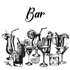 Set of hand drawn sketch style alcoholic drinks. Vector illustration isolated on white background.