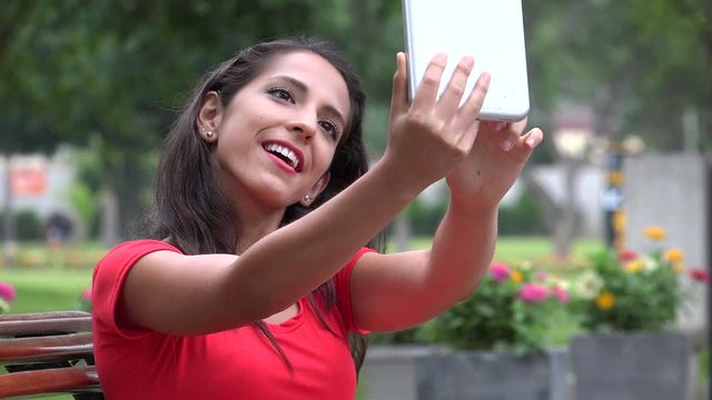 Woman Taking Selfy With Tablet
