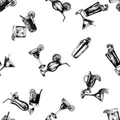 Seamless pattern of hand drawn sketch style alcoholic drinks. Vector illustration isolated on white background.