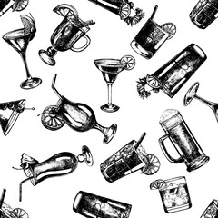 Seamless pattern of hand drawn sketch style alcoholic drinks. Vector illustration isolated on white background.