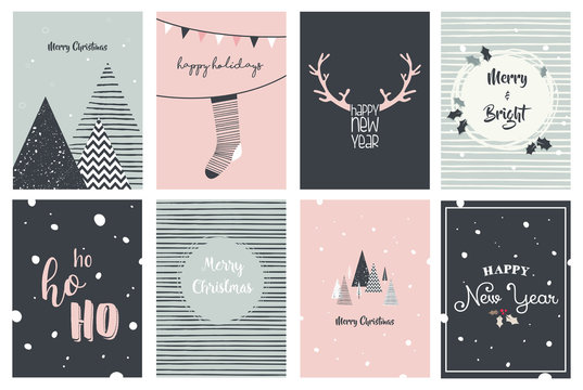 Merry Christmas cards, illustrations and icons, lettering design collection