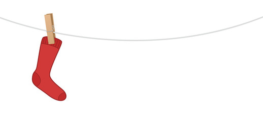 Single red sock hanging on a clothes line - symbol for loneliness, solitude, sadness, melancholy of a single person or sorrow or secluded, withdrawn elderly people. Vector illustration.