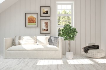 Idea of white room with sofa and summer landscape in window. Scandinavian interior design. 3D illustration