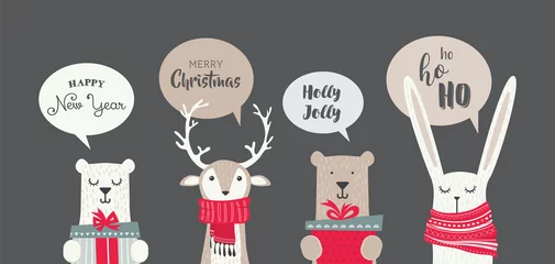 Fototapeten banner with cute winter animals with presents,scarfs and seasonal greetings. merry chritmas and happy new year. vector illustration © jennylipmic