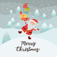 Santa Claus with gifts. Christmas card winter forest, the snow
