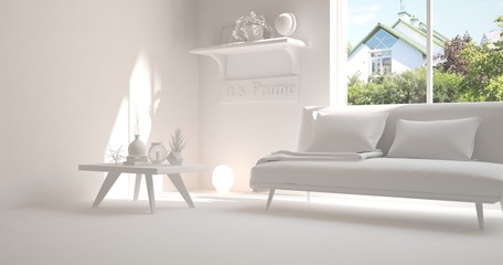 White room with sofa. Scandinavian interior design. 3D illustration