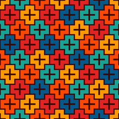 Repeated puzzle mosaic abstract background. Seamless pattern with simple geometric ornament. Bright kids surface texture