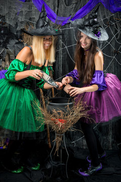 beautiful witches with pot for potions posing